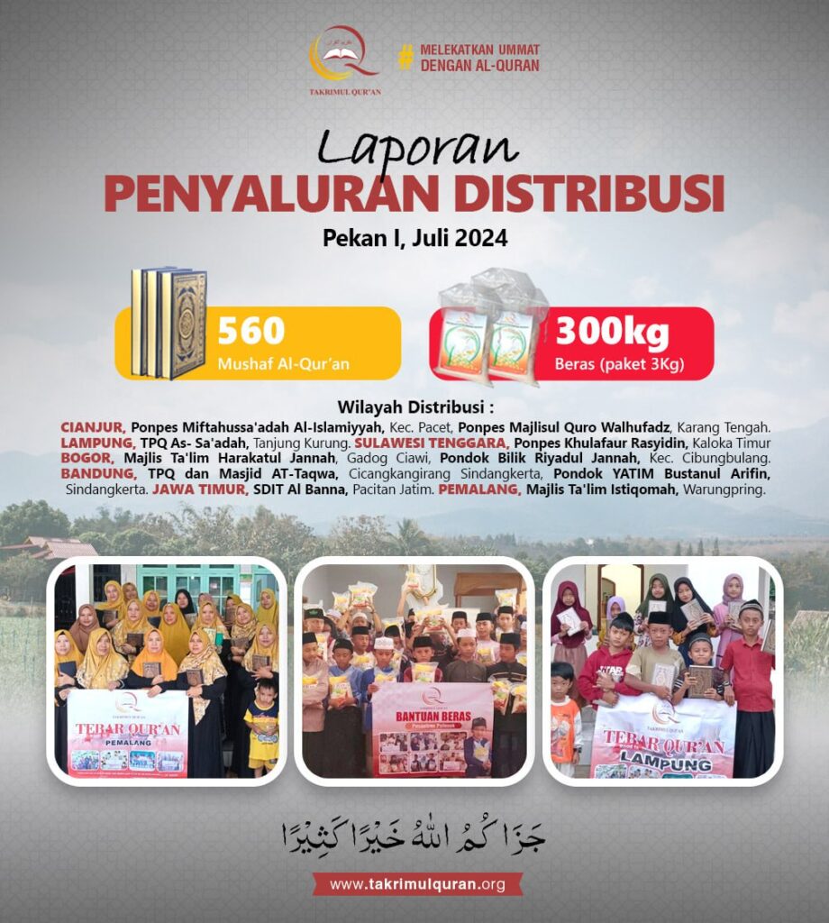 Laporan Distribusi Yayasan Takrimul Qur'an Pekan 1 Juli 2024 - www.takrimulquran.org